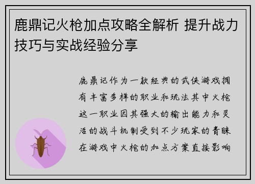 鹿鼎记火枪加点攻略全解析 提升战力技巧与实战经验分享